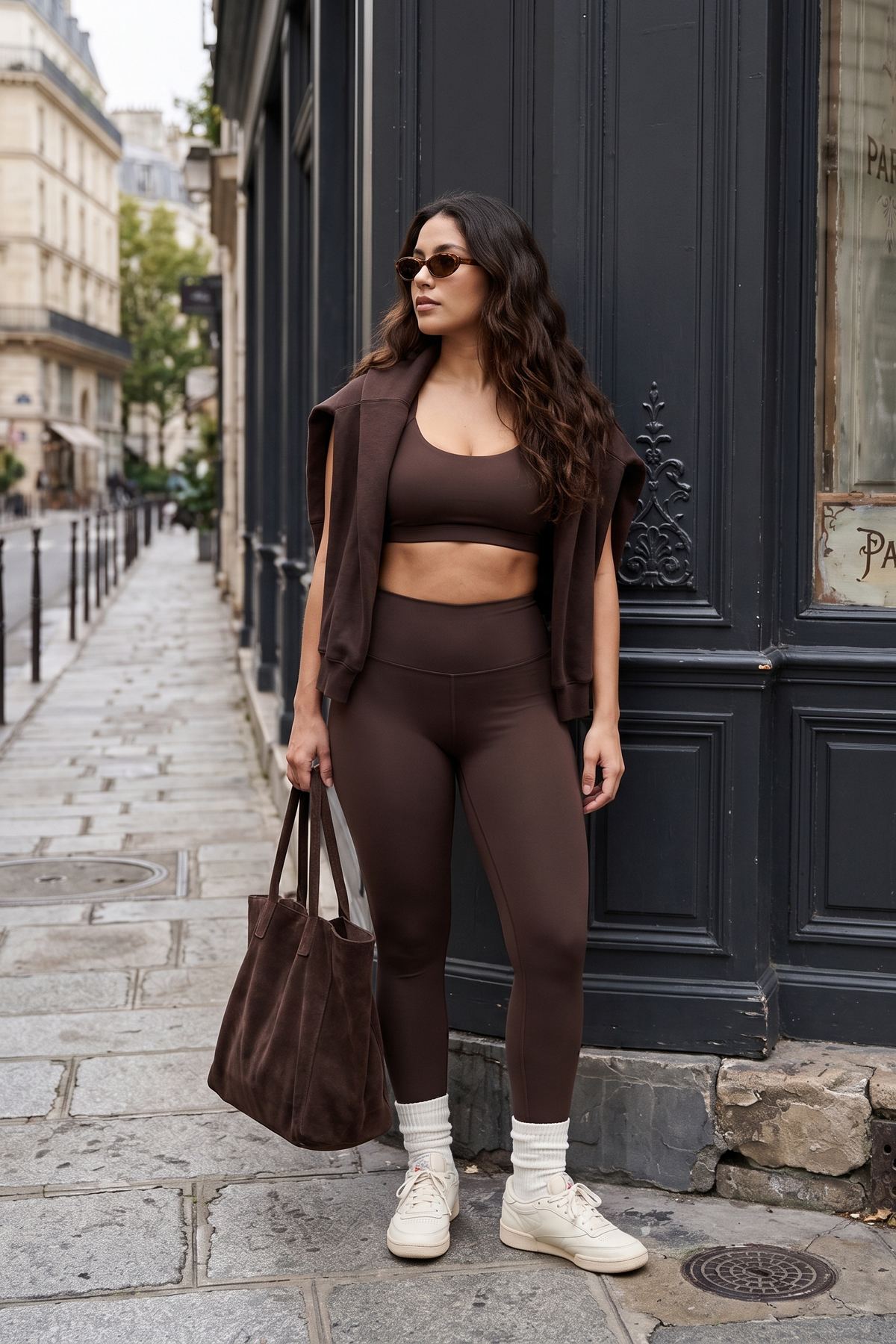 Legging AIKISculpt marron porté dans une rue pavée, avec un sweat sur les épaules, un cabas et des baskets